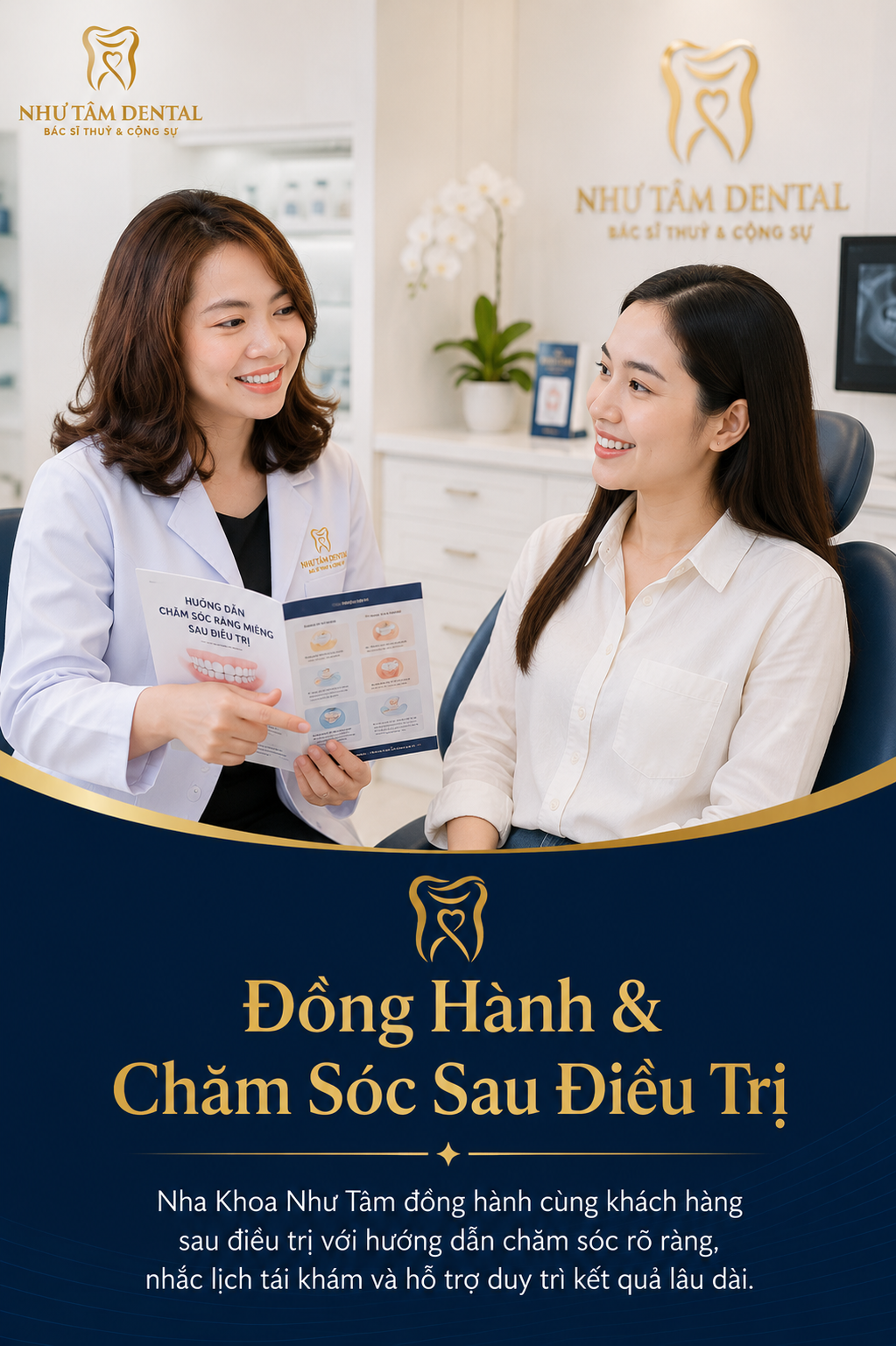 Đồng hành và chăm sóc sau điều trị tại Nha Khoa Như Tâm với hướng dẫn rõ ràng, nhắc lịch tái khám và hỗ trợ khách hàng lâu dài.