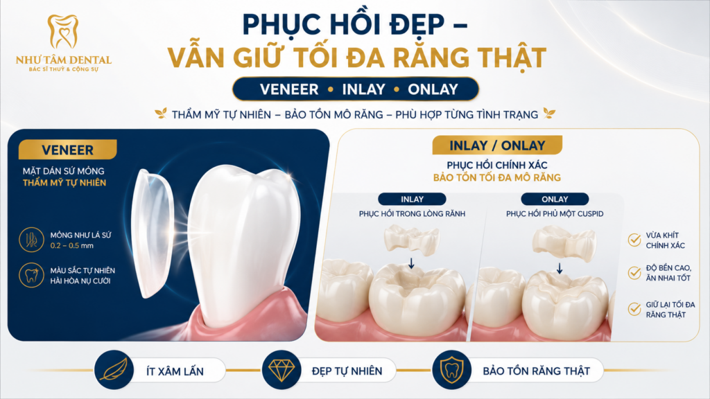 Minh họa phục hồi răng bằng Veneer, Inlay/Onlay theo hướng ít xâm lấn, giúp cải thiện thẩm mỹ và ăn nhai nhưng vẫn ưu tiên bảo tồn răng thật tại Nha Khoa Như Tâm.