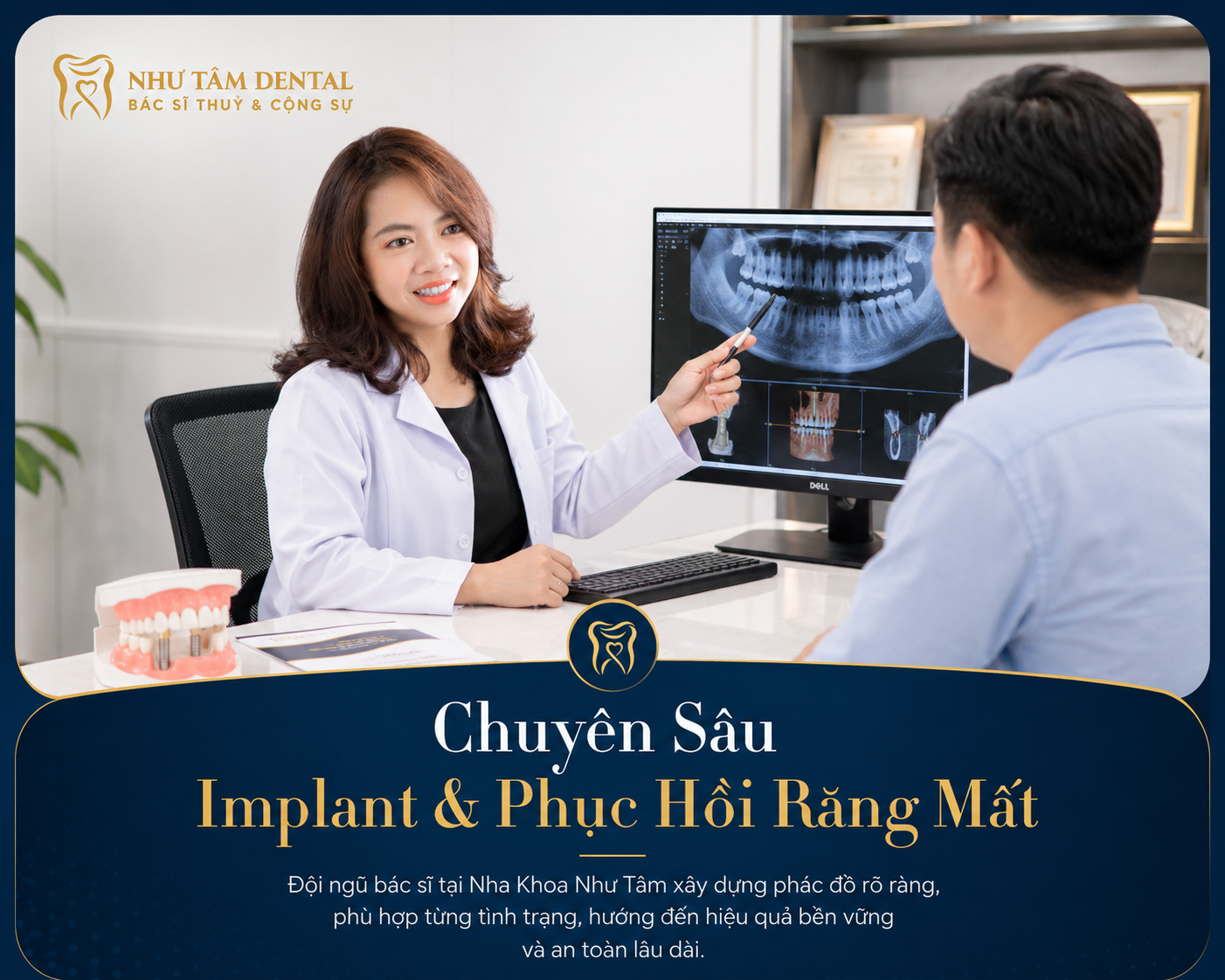 Bác sĩ Nha Khoa Như Tâm tư vấn kế hoạch điều trị Implant và phục hồi răng mất cho khách hàng.