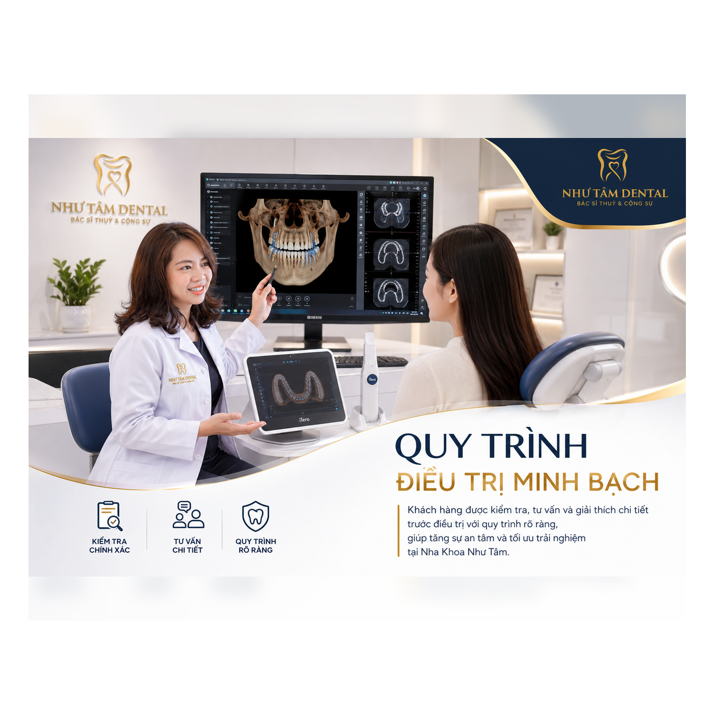 Quy trình điều trị minh bạch tại Nha Khoa Như Tâm với tư vấn rõ ràng, công nghệ hiện đại và phác đồ cá nhân hóa.